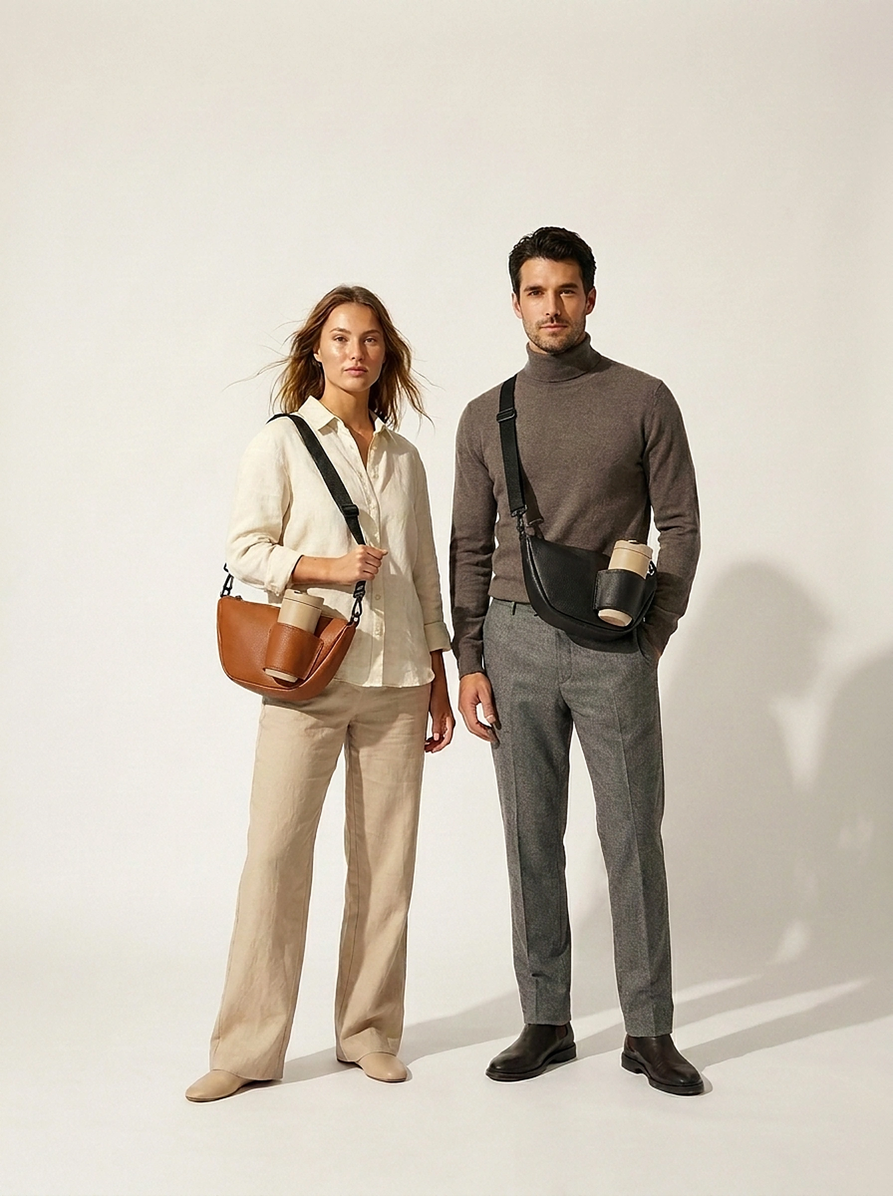 Mann und Frau mit MYTEN-Taschen aus Kalbsleder vor hellem Studio-Hintergrund