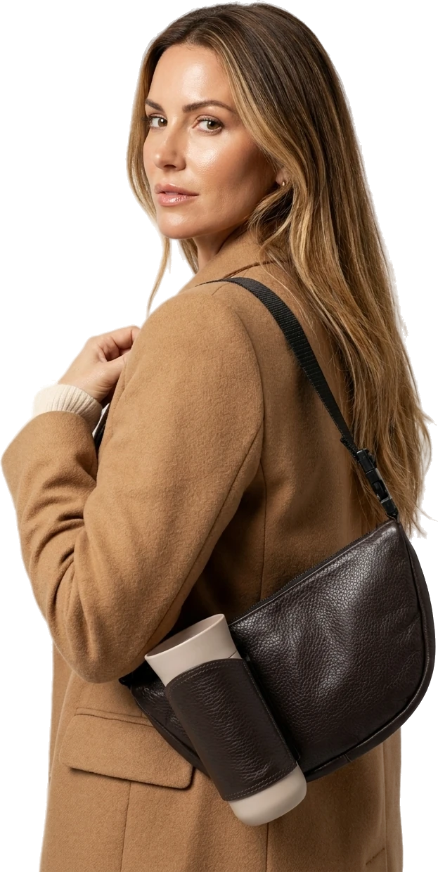 Model mit MYTEN Halbmond-Tasche vor einer Lederwand